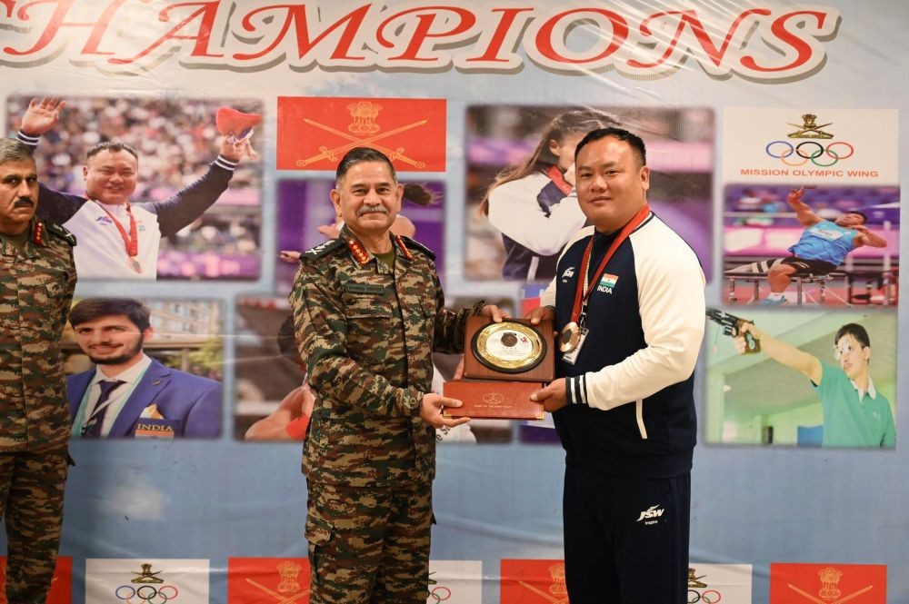 Chief of the Army Staff, General Upendra Dwivedi felicitates Naib Subedar Hokato Sema , who clinched a bronze medal in Shotput at the recently concluded Paralympic Games in Paris.